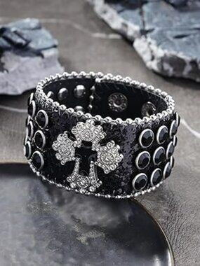 Wide Black Leather Bracelet‎ Silver Cross Blk Gems and Silver Rivets Adjustable